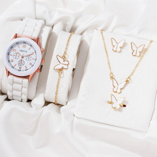 5/6PCS Luxury Watch Women Ring Necklace Earrings Bracelet Set| Fashion Heart Butterfly Jewelry| Ladies Quartz Wristwatch CHAINI