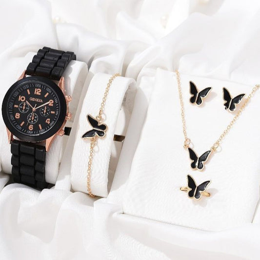 5/6PCS Luxury Watch Women Ring Necklace Earrings Bracelet Set| Fashion Heart Butterfly Jewelry| Ladies Quartz Wristwatch CHAINI