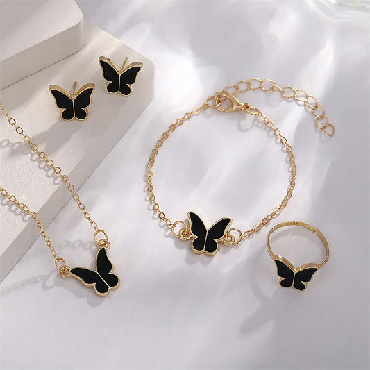 1Set Fashion Exquisite Simple Versatile Butterfly Necklace Bracelet Earrings Ring For Women Girls Wedding Party Jewelry Set Gift CHAINI